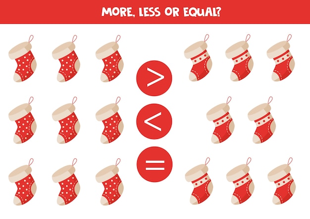 More, less or equal with Christmas socks. Educational math game for kids.