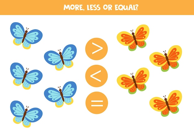 More less equal with cute cartoon butterflies Math game for kids