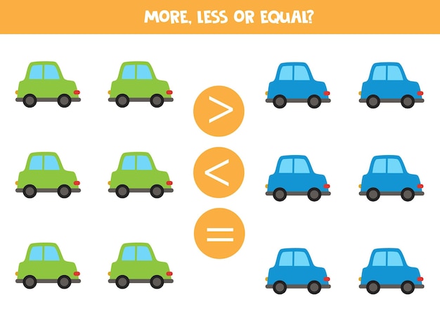 More less or equal with cute cartoon cars