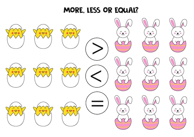 More less or equal with cute cartoon Easter rabbits and chicks
