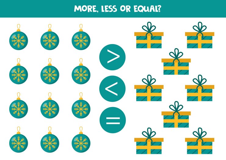 वेक्टर more less or equal with cute christmas gifts and balls
