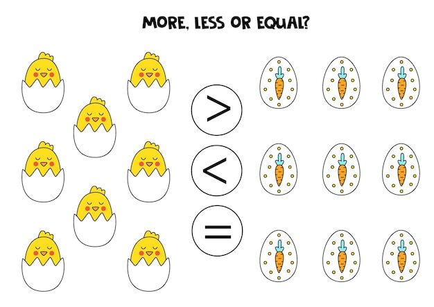 More less or equal with cute Easter chickens and eggs