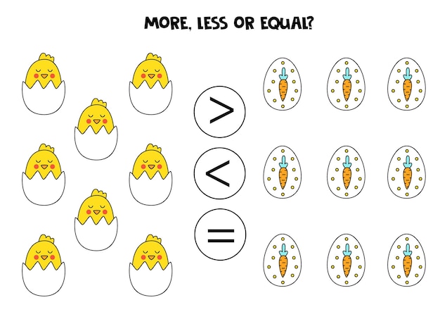 Больше меньше или равно с милыми пасхальными цыплятами и яйцами