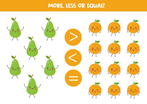 More less or equal with cute kawaii pears and oranges