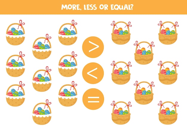 More less equal with easter baskets math game for kids