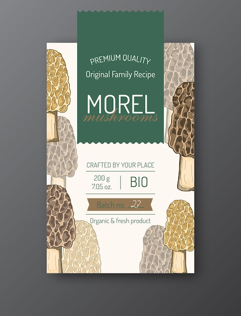 Morel mushroom label template modern vector packaging design layout isolated