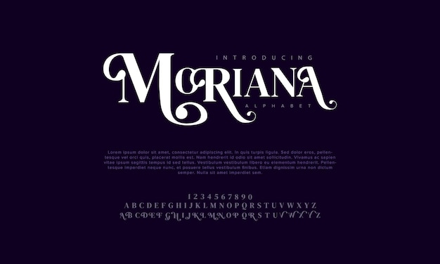 Moriana premium lusso elegante alfabeto lettere e numeri tipografia matrimoniale vintage serif classico