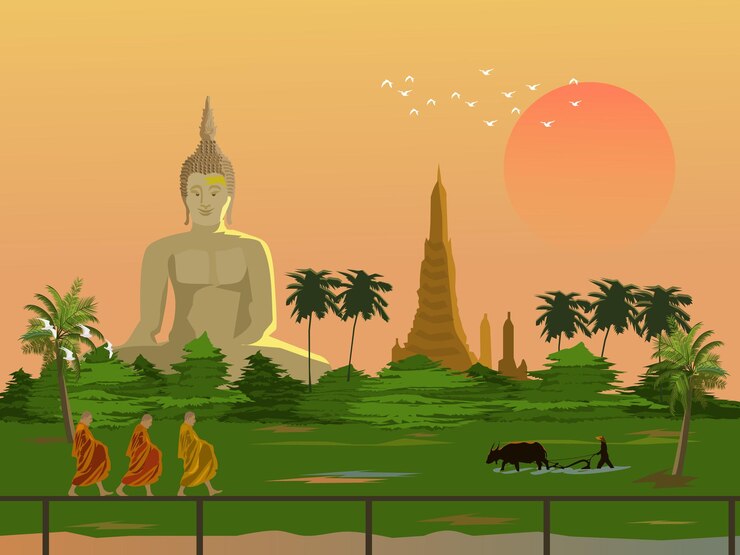 Vector morning atmosphere in rural thailand.three monks making alms .farmers plowing with buffalo.big buddha and pagoda in the background