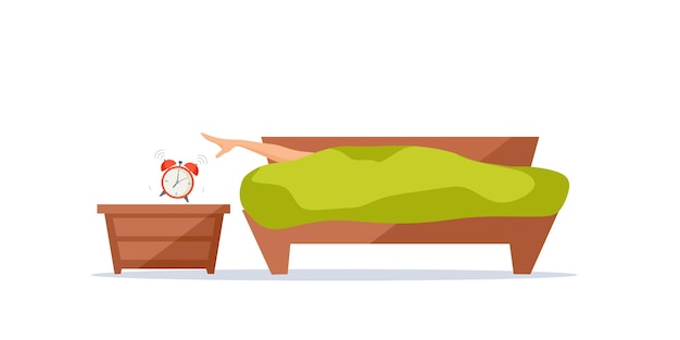 Vector morning awakening a man lying in bed is trying to reach the loud alarm clock with his hand cartoon