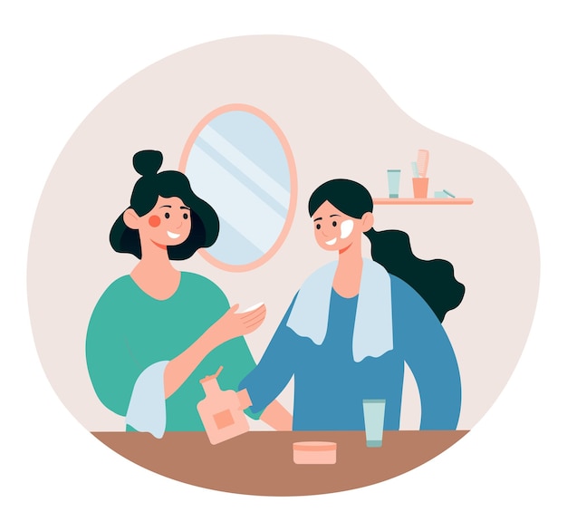 Vector morning beauty routine two girls watch their skin graphic elements for cosmetic websites personal