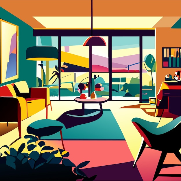 Vector morning bedroom in mess illustration of interior living room scene background