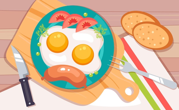 Vettore colazione mattutina frittata di uova strapazzate vista dall'alto concetto. illustrazione grafica vettoriale