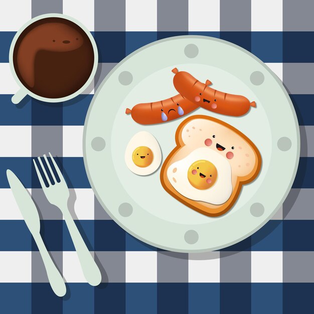 Vector morning breakfast with toast fried egg sausages and a cup of coffee