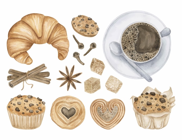 朝のコーヒーとお菓子の水彩クリップアート コレクション エスプレッソ