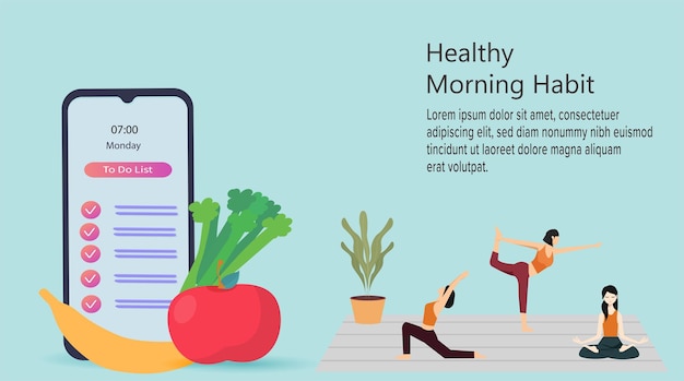 Morning habit concept with female doing yoga and to do list vector illustration