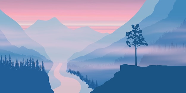 Vector morning landscape sunrise in the mountains river and tree