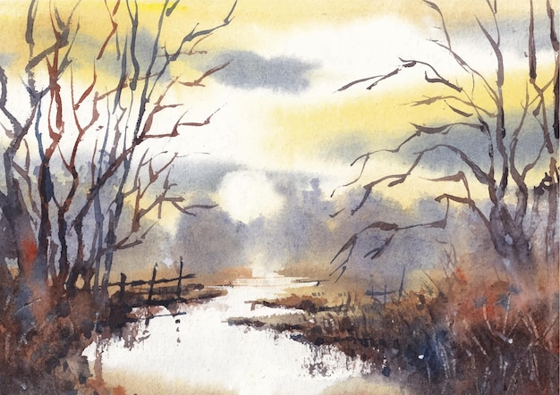 Morning light watercolor landscape painting