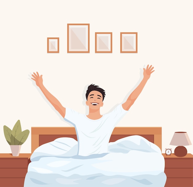 Morning man woke up in bed happy Cartoon design vector illustration