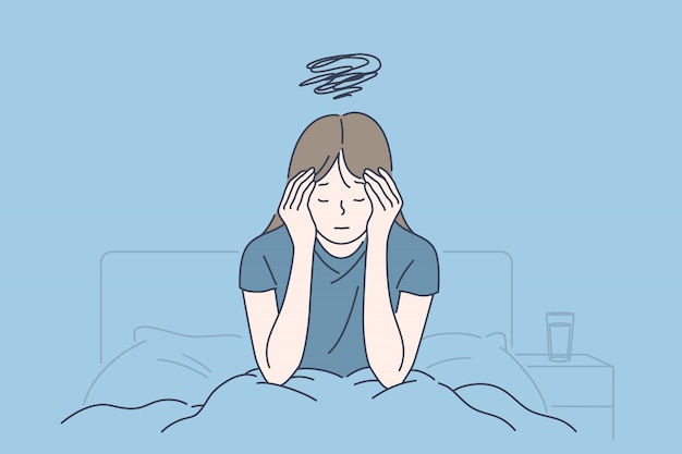 Утренняя мигрень, хроническая усталость и нервное напряжение, симптомы стресса или гриппа, трудно проснуться