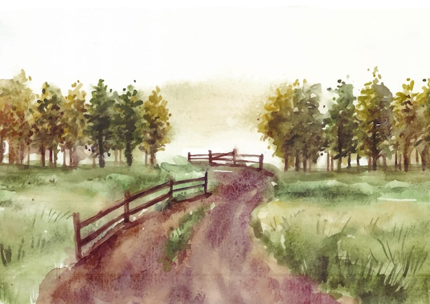 Vector morning nature landscape with road and fence watercolor