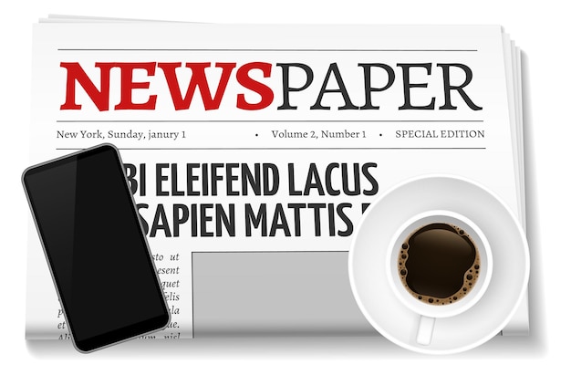 Vector morning newspaper with smartphone and coffee cup flat lay top view