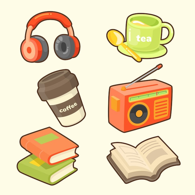 Vector morning read items collections including a coffee cup a mug a headphone radio and books