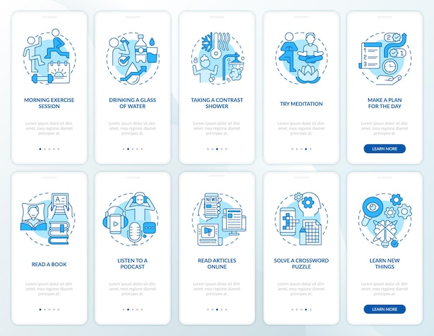 Morning routine blue onboarding mobile app screen set