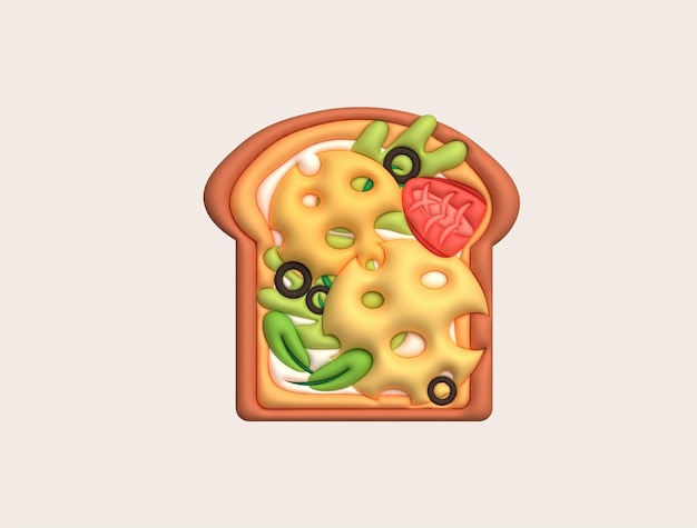 Morning sandwich 3D illustration Healthy meal with toast fresh vegetables and sauces cheese slices