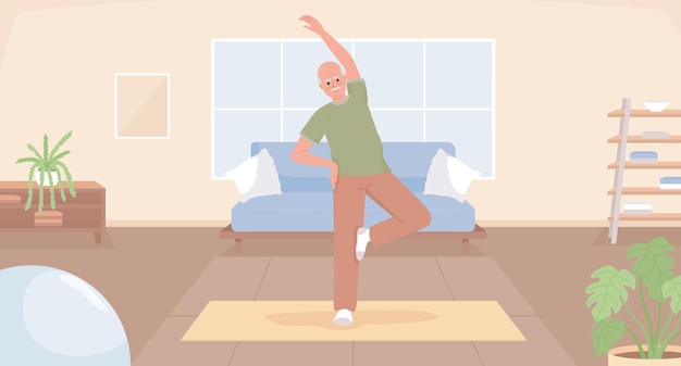 Vector morning stretches for elderly flat color vector illustration