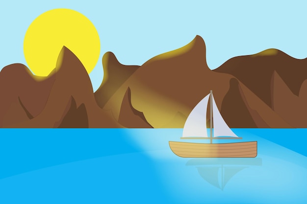 morning sunny scenery with sea, boat, mountains, background scenery vector illustration