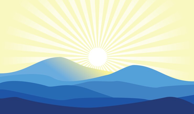 Vector morning sunrise sunburst blue mountain hill landscape