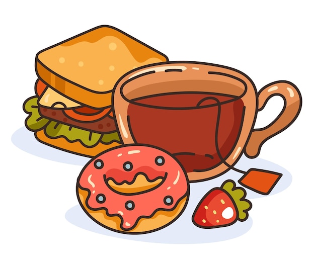 Vettore colazione dolce mattutina con il concetto di panificio panino spuntino tè caffè. disegno grafico del fumetto di vettore