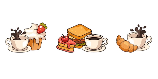 Vector morning sweet breakfast with coffee tea snack sandwich bakery concept vector cartoon graphic design