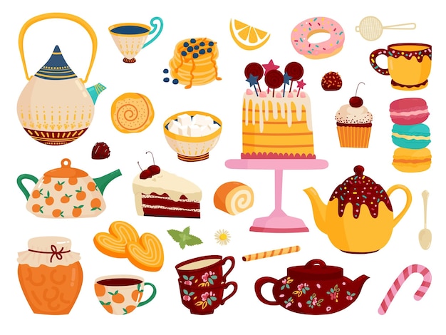 Morning sweets and desserts Warm pancakes with jam cake and donuts Cute kitchen teapot and cups Isolated sweet teatime classy vector set