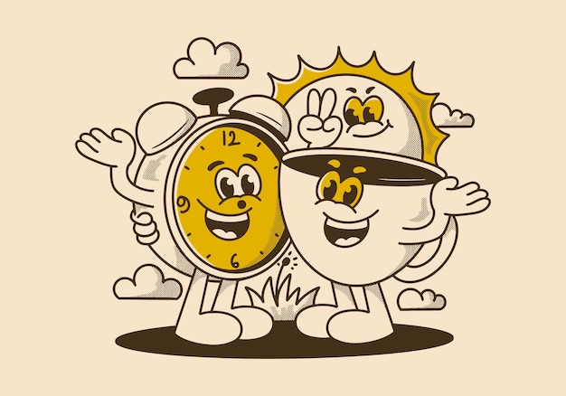 Morning time coffee time Mascot character illustration of coffee cup alarm clock and a sun