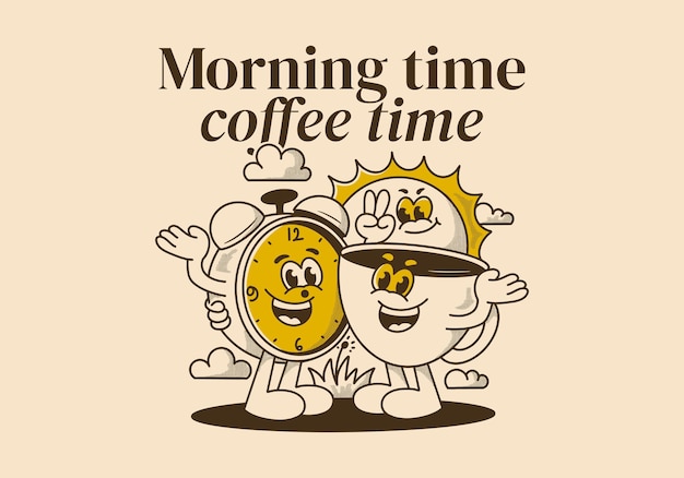 Morning time coffee time mascot character illustration of coffee cup alarm clock and a sun