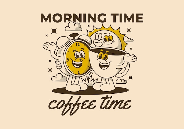 Morning time coffee time Mascot character illustration of coffee cup alarm clock and a sun