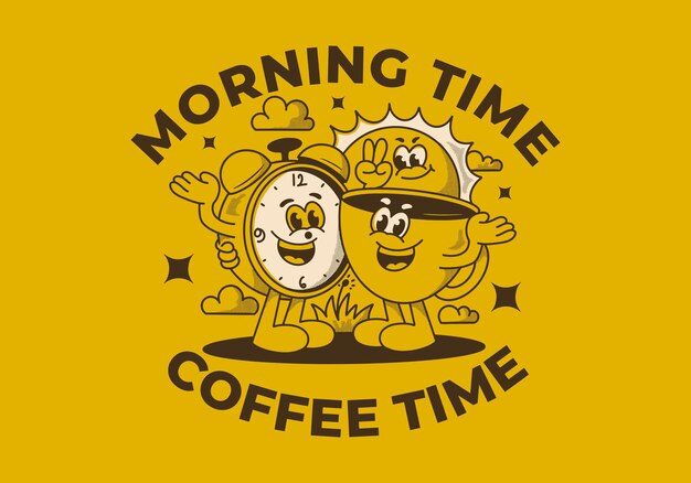 朝のコーヒータイム マスコットキャラクター コーヒーカップ 目覚まし時計と太陽のイラスト