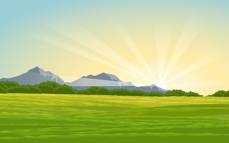 Vector morning time in countryside with meadow and mountain