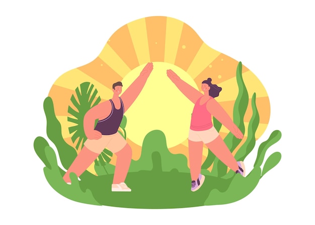 Утренняя тренировка Спортивные упражнения счастливое начало дня Мужчина женщина занимается йогой или растяжкой на восходе солнца Расслабляющая и благополучная векторная концепция