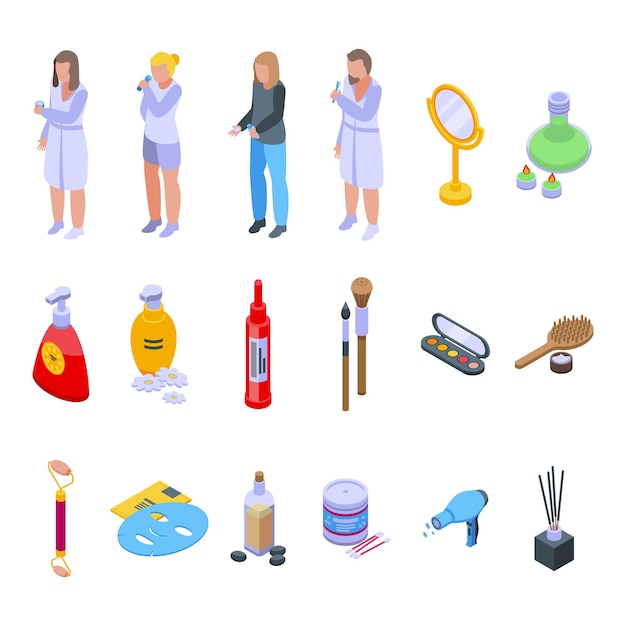 Morning treatments icons set isometric vector. care shave