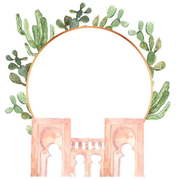 Moroccan building background circle frame watercolor with palm tree desert diamond shape