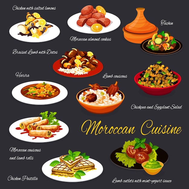 Moroccan cuisine vector menu dishes morocco meals