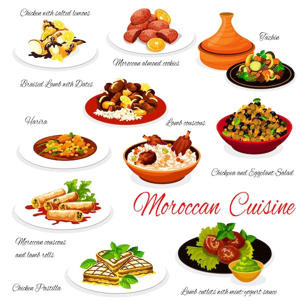 Vector moroccan food traditional authentic cuisine dishes