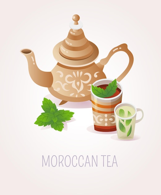 Illustrazione tradizionale marocchina che serve tè tea