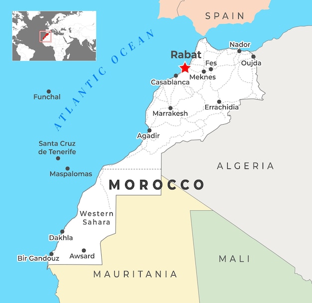 Вектор Карта марокко с границами регионов и его столицы