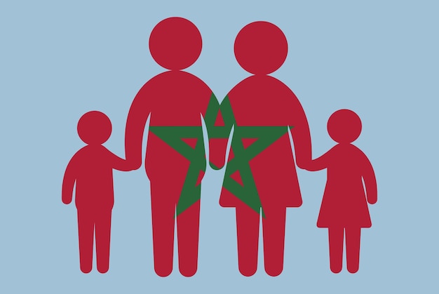 Bandiera del marocco con concetto di famiglia genitore e bambini che si tengono per mano risorsa design piatto idea immigrata