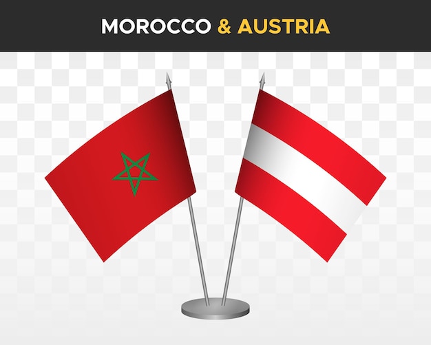 Mockup di bandiere da scrivania marocco vs austria illustrazione vettoriale 3d isolato bandiere da tavolo marocchine