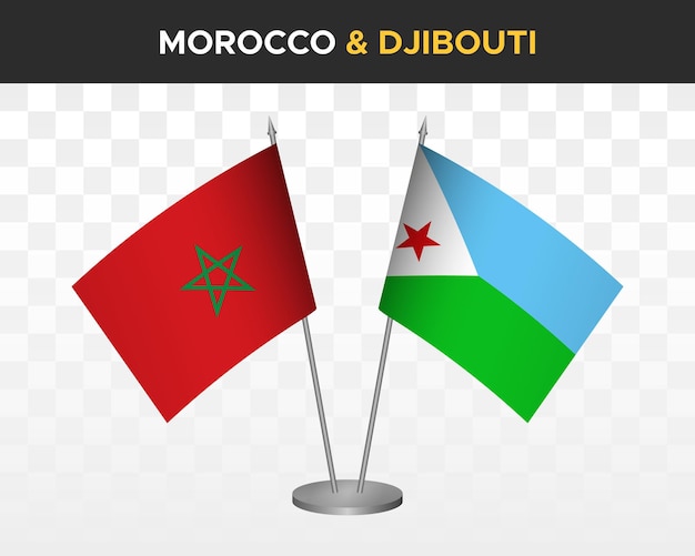 Marocco vs gibuti desk flag mockup isolato 3d illustrazione vettoriale bandiere marocchine da tavolo