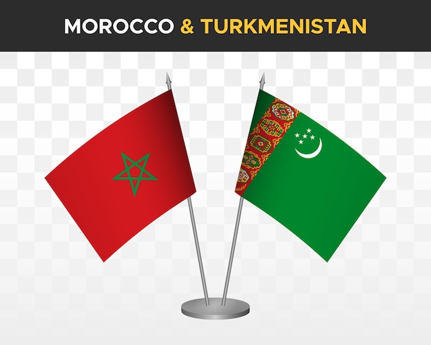 Макет флагов Марокко против туркменистана изолированные 3d векторные иллюстрации марокканские флаги стола